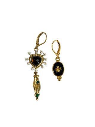 Smoky Quartz Heart and Black Clover Drop Earrings