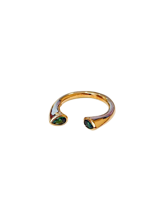 Atelier Stone The Green Lien Ring Sculptural Yellow Gold Filled Open Band with Two Green Cubic Zirconia Stones and Serpent-Inspired Design | LE FIGUE NEW YORK