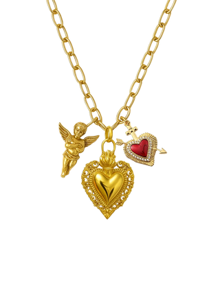 Fascinato Romeo Trio Sacred Heart Charm Necklace with Cherub and Red Heart | LE FIGUE NEW YORK