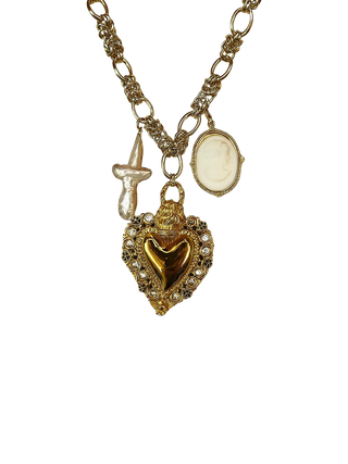 Fascinato Louis Maxi Sacred Heart Charm Necklace with Natural Pearl Cross and Porcelain Cameo | LE FIGUE NEW YORK