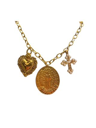 Fascinato Santo Maxi Necklace with Sacred Heart, Medallion and Freshwater Pearl Cross | LE FIGUE NEW YORK