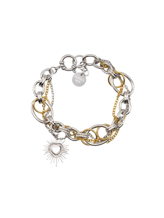 JAMAIS NUE Mixed Metal Heart Charm Bracelet Stainless Steel Silver and Yellow Gold Tone Layered Chains with Radiant Heart Pendant | LE FIGUE NEW YORK