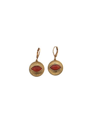 LA2L Kisses Earrings with orange carnelian lip-shaped stones and textured gold medallions | LE FIGUE NEW YORK