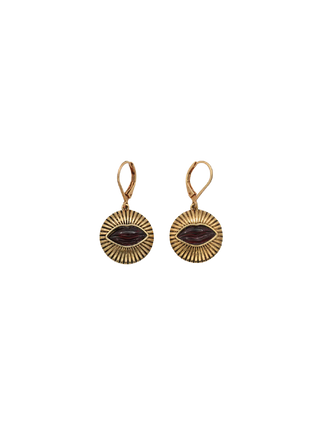LA2L Kisses Earrings with dark red garnet lip-shaped stones and textured gold medallions | LE FIGUE NEW YORK