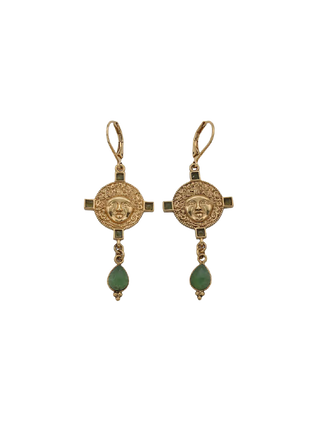 LA2L Medusa Drop Earrings with green serpentine accents, Medusa medallions and teardrop drops | LE FIGUE NEW YORK