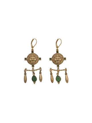 LA2L Medusa Mobile Earrings with green serpentine accents, Medusa medallions and articulated gold-filled drops | LE FIGUE NEW YORK
