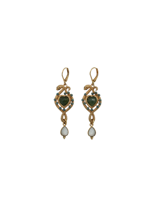 LA2L Rima Ex Voto Earrings with green serpentine hearts, intertwined snake motifs and hessonite teardrop drops | LE FIGUE NEW YORK
