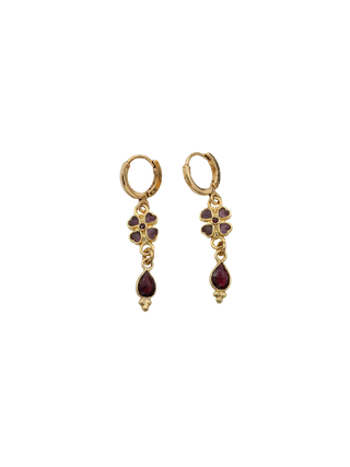 LA2L Sacha Clover Drop Earrings in Amethyste and Garnet with gold-filled clover and teardrop design | LE FIGUE NEW YORK