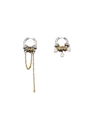 JAMAIS NUE Rival Silver Earrings Asymmetric Silver and Gold Tone Stainless Steel Hoops with Freshwater Pearls and Chain Details | LE FIGUE NEW YORK