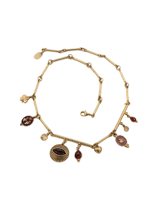 LA2L Kisses Pendant Necklace, gold-filled charm necklace with lips pendant and natural garnet drops | LE FIGUE NEW YORK