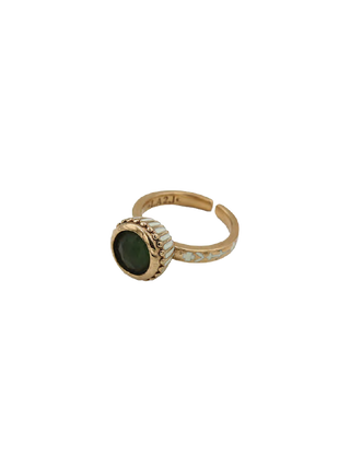 LA2L Circle Pierre Ring, gold-filled open ring with round green serpentine stone and decorative detailing | LE FIGUE NEW YORK