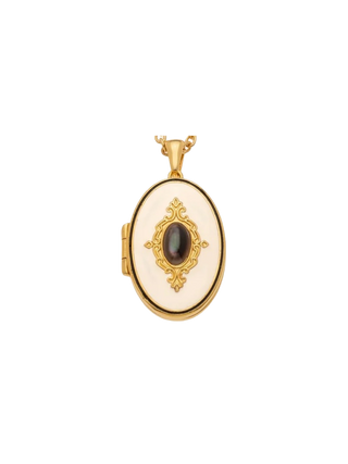 Black Locket Pendant with Gold Filled Oval Setting, Ivory-Toned Face and Dark Mother of Pearl Detail | LE FIGUE NEW YORK