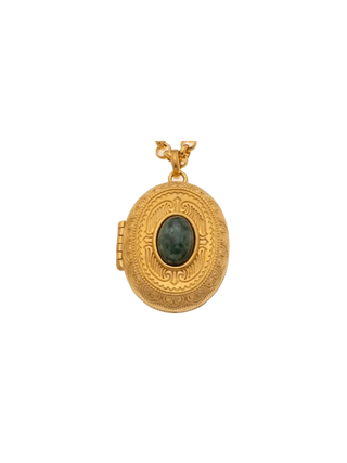 Jade Gold Locket Pendant with Natural Green Jade Oval Stone, Ornate Gold Filled Medallion Setting and Vintage-Inspired Details | LE FIGUE NEW YORK