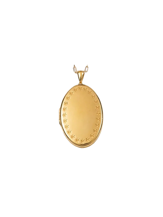 Matte Gold Oval Locket Pendant with Brushed Gold Filled Finish, Engraved Star Border and Minimal Oval Locket Design | LE FIGUE NEW YORK