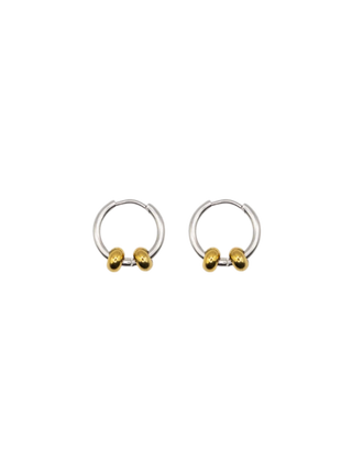 JAMAIS NUE Mixed Metal Bead Hoop Earrings Polished Silver Tone Stainless Steel Mini Hoops with Yellow Gold Tone Bead Accents | LE FIGUE NEW YORK