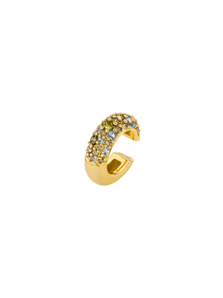 MYA BAY Grey Champagne Ear Cuff, wide gold-filled cuff with multicolored champagne, grey, blue and green cubic zirconia | LE FIGUE NEW YORK
