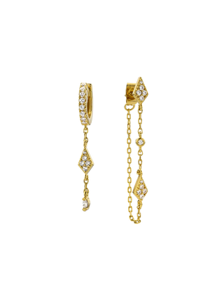 MYA BAY Losange Twin Earrings, asymmetrical gold-filled drop earrings with delicate chains, diamond-shaped motifs, and clear cubic zirconia | LE FIGUE NEW YORK