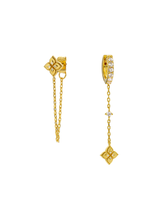 MYA BAY Lotus Chelsea Earrings, asymmetrical gold-filled drop earrings with delicate chains, lotus motifs, and clear cubic zirconia | LE FIGUE NEW YORK