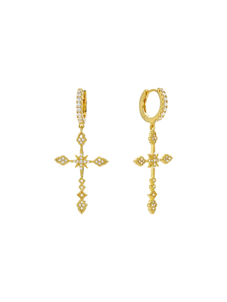 MYA BAY Olga Earrings, gold filled drop earrings with clear cubic zirconia cross pendants | LE FIGUE NEW YORK