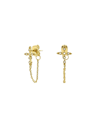 MYA BAY Little Chennai Earrings, gold filled cross studs with cubic zirconia and asymmetric chain drops | LE FIGUE NEW YORK