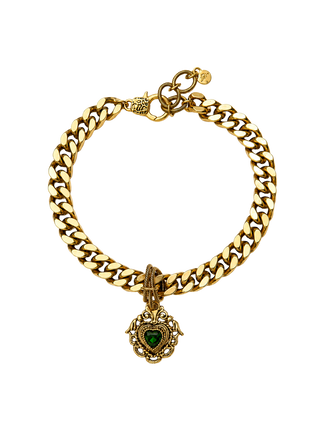 Mon Reve Heartish Gold Filled Curb Chain Necklace with Ornate Green Heart Pendant | LE FIGUE NEW YORK