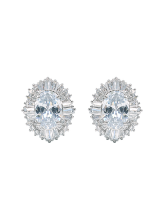Romilt Premium Swarovski Oval Sunburst Gold Vermeil Statement Earrings with Baguette Crystal Accents | LE FIGUE NEW YORK