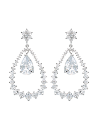 Romilt Premium Swarovski Floating Starburst Gold Vermeil Drop Earrings with Open Teardrop Frame and Floating Pear Crystal | LE FIGUE NEW YORK