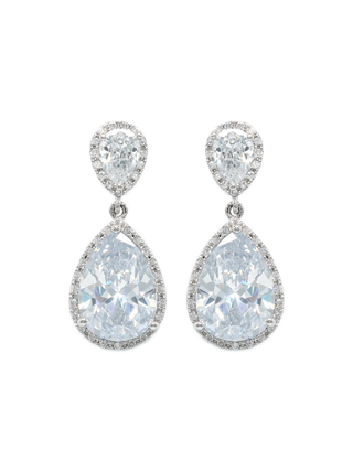 Romilt Premium Swarovski Graduated Pear Drop Gold Vermeil Earrings with Two Pear-Shaped Crystals and Pavé Halo Settings | LE FIGUE NEW YORK