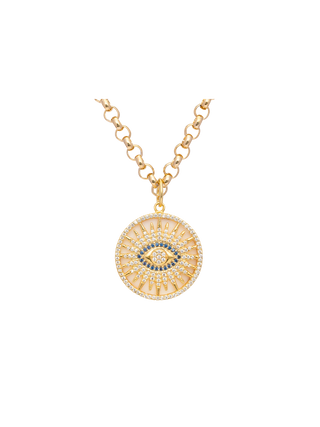 Rachel Reinhardt Evil Eye Sunburst Necklace Mother of Pearl Cubic Zirconia and Moissanite Gold Pendant | LE FIGUE NEW YORK