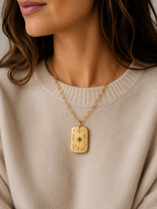 Rachel Reinhardt Mahjong Talisman Necklace Worn in Brushed Gold with Black Zirconia | LE FIGUE NEW YORK
