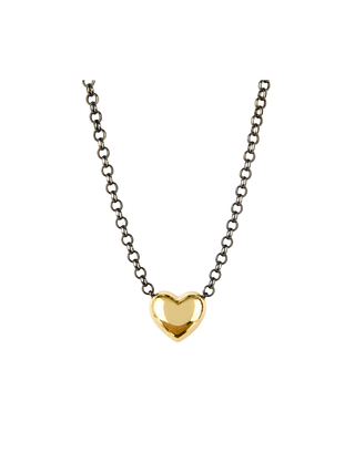 Rachel Reinhardt Puffy Heart Pendant Necklace Gold Plated Heart on Oxidized Silver Brass Chain | LE FIGUE NEW YORK