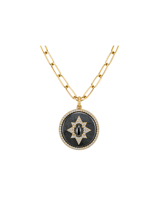 Rachel Reinhardt Hematite Celestial Star Medallion Necklace Gold Filled Black Onyx and Cubic Zirconia Pendant Necklace | LE FIGUE NEW YORK