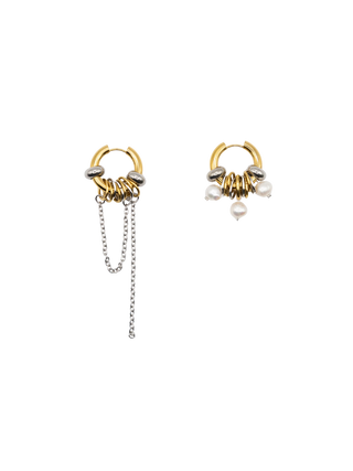 JAMAIS NUE Rival Gold Earrings Asymmetric Gold and Silver Tone Stainless Steel Hoops with Freshwater Pearls and Chain Details | LE FIGUE NEW YORK